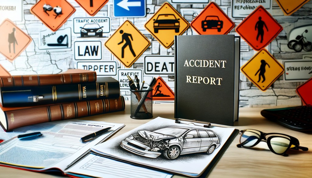 交通事故のレポートと事故車のスケッチ